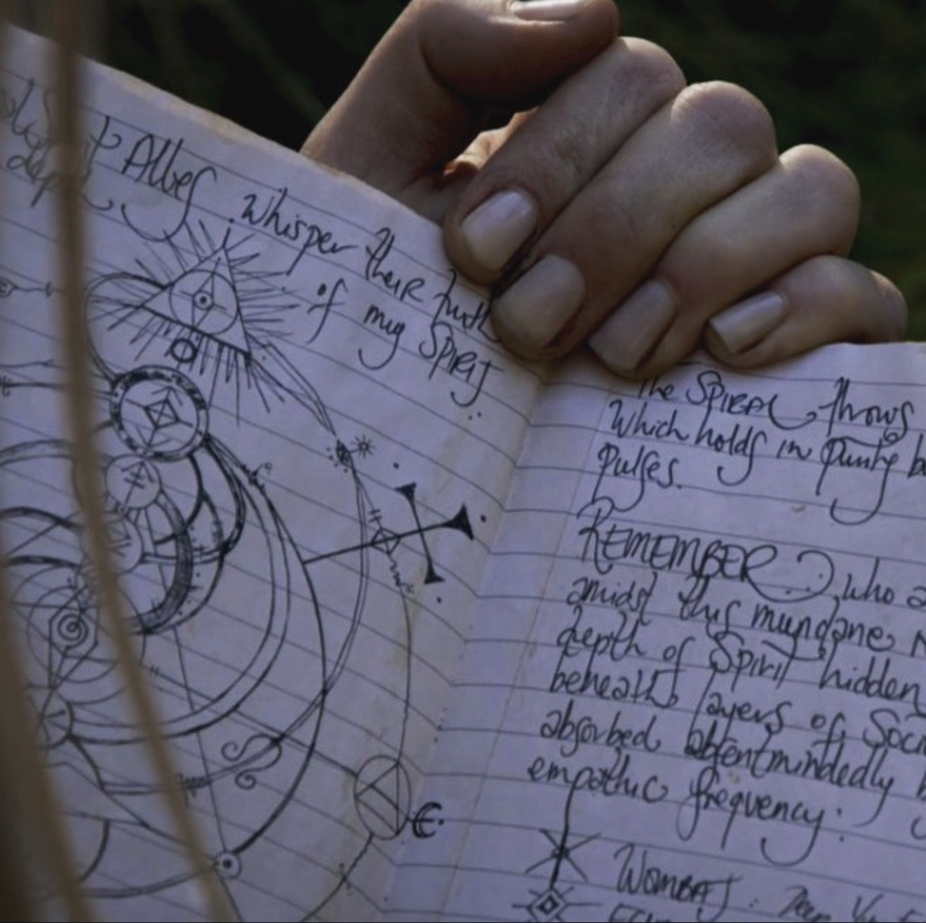 A hand holding an open field notebook filled with handwritten observations and symbols