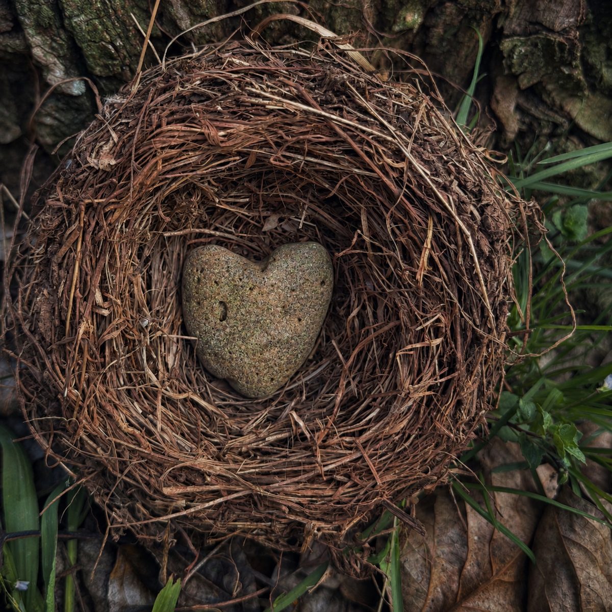 A heart-shaped stone resting within a found nest